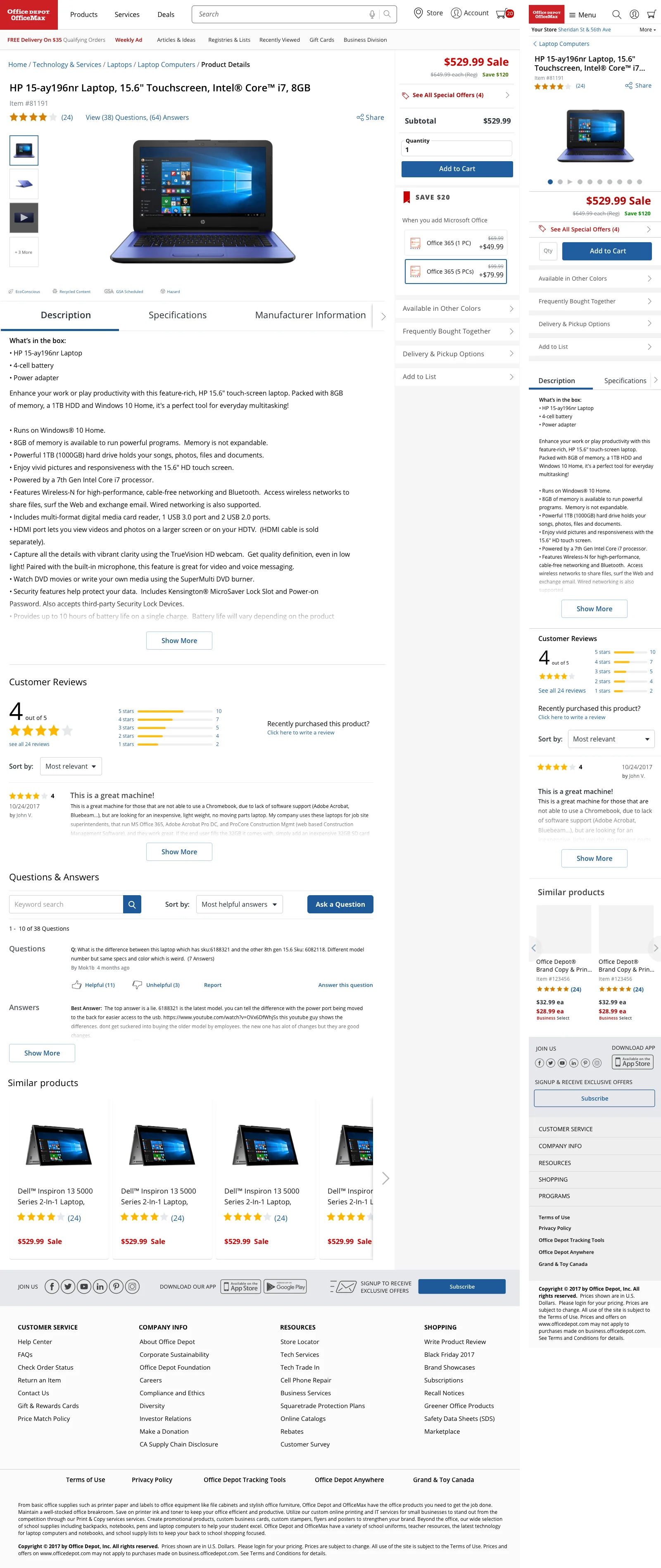 Office Depot desktop and mobile product page